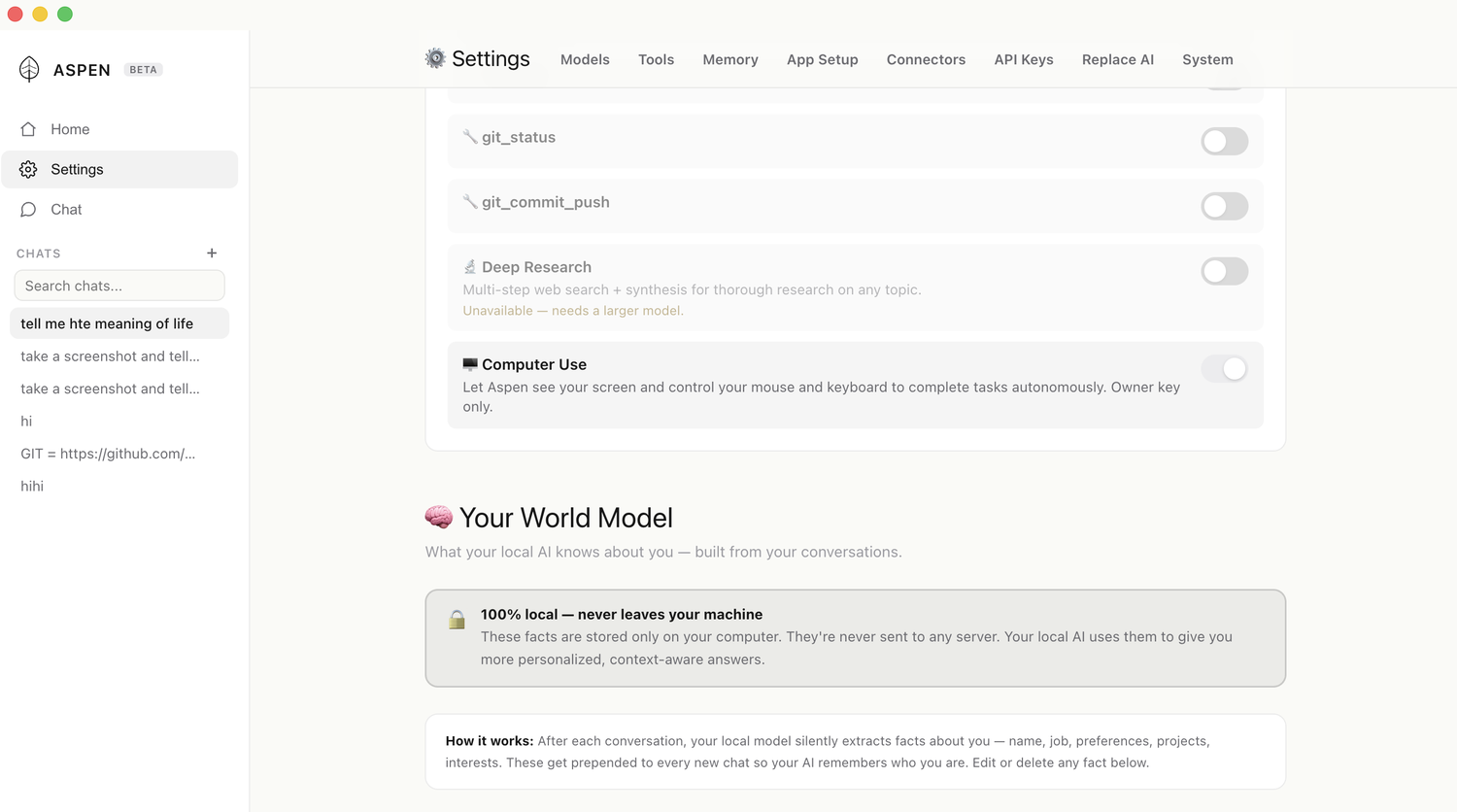 Aspen World Model settings — 100% local, never leaves your machine