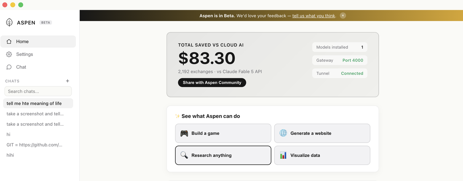 Aspen home dashboard showing total saved vs cloud AI