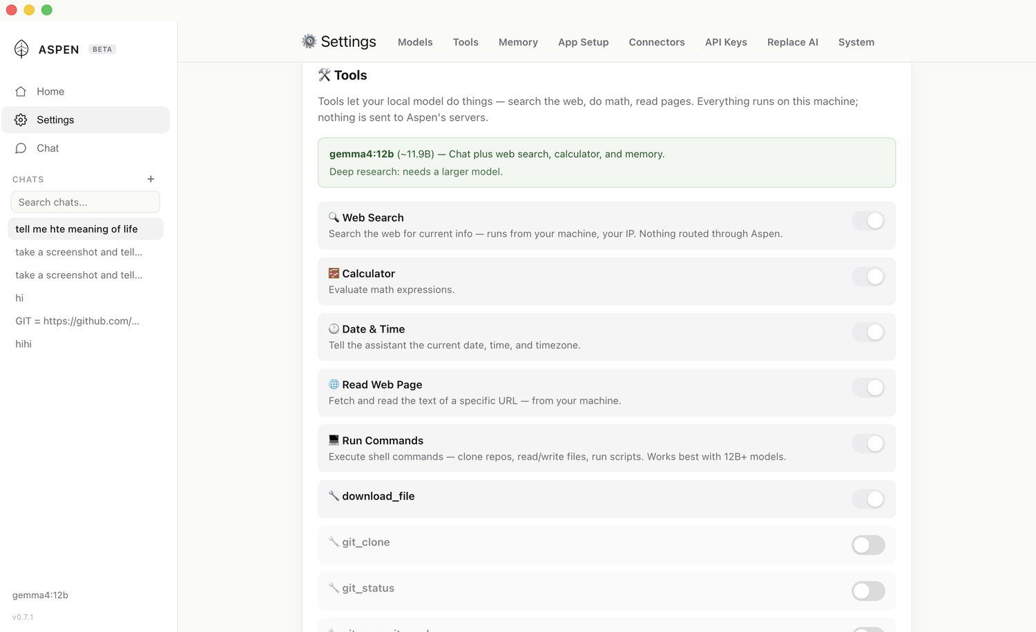 Aspen tools settings — web search, calculator, run commands, git
